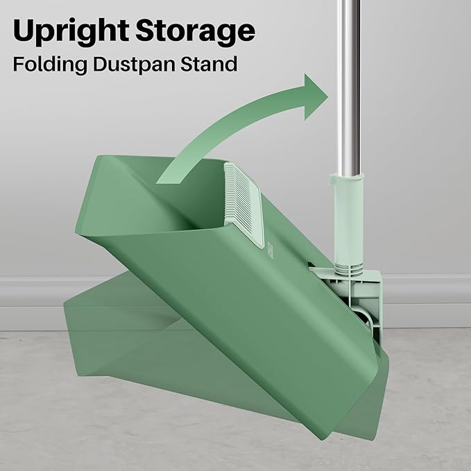 JOYMOOP Dark Teal Green Broom and Dustpan Set, Upright Angle with Built-in Comb Teeth, Ideal for Home, Office, Hardwood, Pet Hair