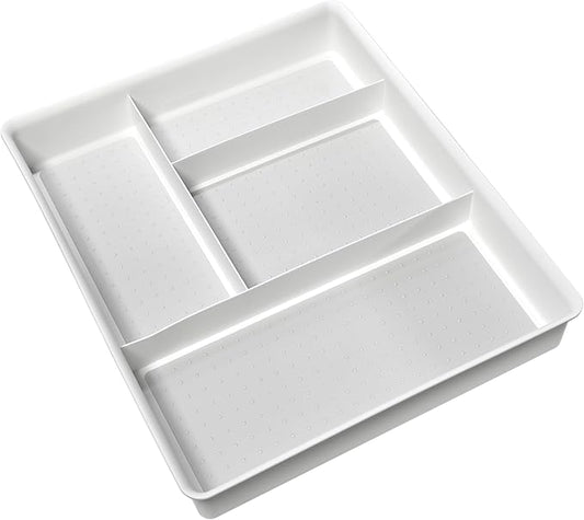 madesmart 4 Compartment Drawer Organizer, Multi Purpose Storage for Utensils, Office Tools, Cords, & Small Household Items, Tech Accessories, Arts & Crafts Supplies, Non Slip Lining, White
