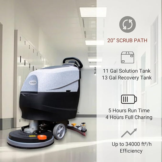 AF2013 Walk-Behind Commercial Floor Scrubber, 20" Path, 5H Runtime, Lithium Battery, High Efficiency & Low Ownership Cost, Lightweight, Quiet Cleaning Machine for Schools, Stores, Offices