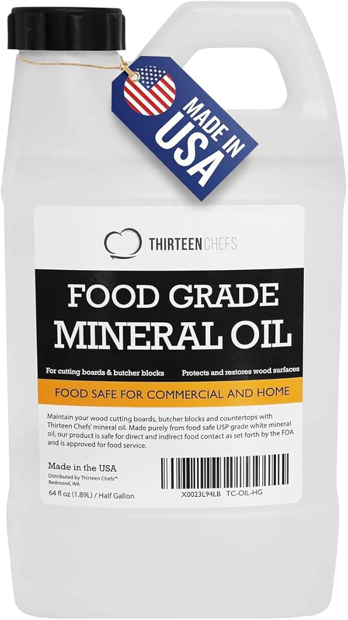 Thirteen Chefs Mineral Oil - 64oz Food Grade Conditioner for Wood Cutting Board, Countertop & Butcher Block, Lubricant for Knife or Meat Grinder - Safe USP Finish on Marble, Soapstone