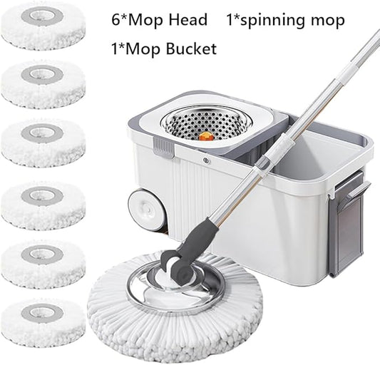 360 Spinning Floor Cleaning System with 6 Extra Refills Heads Extended Handle Household Cleaning Automatic Hand-Free Automatic Dehydration Mop for Household Floor Cleaning (White Blue)