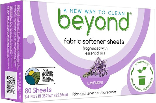 Beyond Fabric Softener Sheets (8 boxes of 80 sheets) - Lavender Scent - Eco-Friendly Plant-Based Dryer Sheets. Removes Static Cling. Recyclable Packaging.