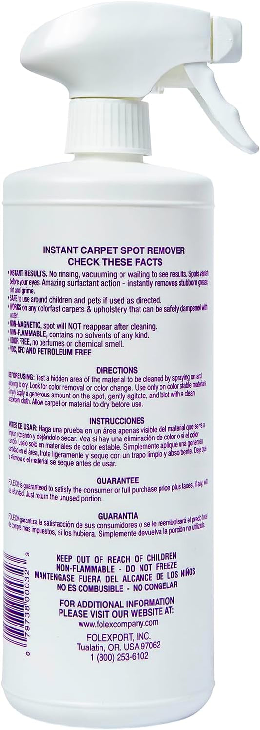 FOLEX 32 oz Instant Carpet Spot Remover Carpet Cleaner with Reusable Cleaning Cloth - Removes Pet Accidents, Grease, Red Wine and More (1 Pack + Refill)