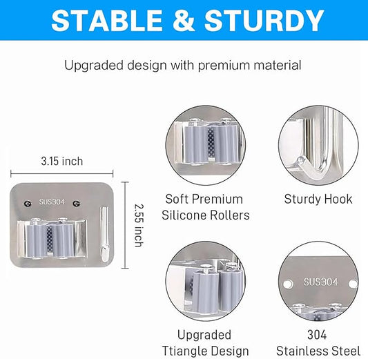 5 Pack Mop Broom Holder Wall Mount Screw Drilling, Stainless Steel Heavy Duty Organizer Hanger Tool Rack for Bathroom Kitchen Garage Laundry Office, Silver