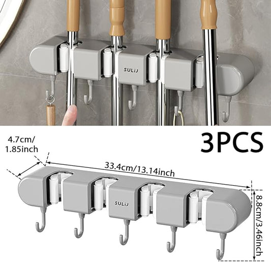 Mop Broom Holder Wall Mounted, 5 Racks and 4 Hooks Punch Free Mop and Broom Holder Wall Mount Broom Rack, Heavy Duty Hooks Self Adhesive Solid Non-slip for Home Kitchen Garden Laundry (3, Grey)