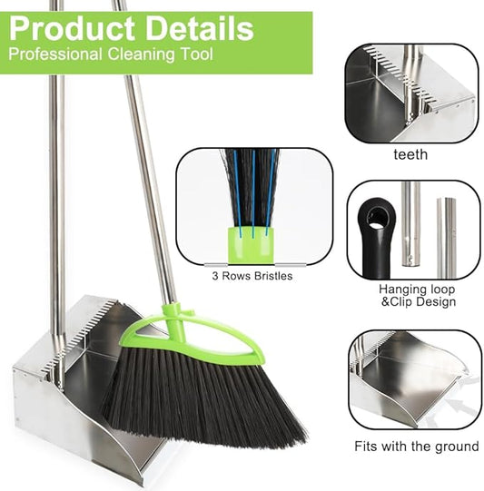 Soft Bristles Broom and Dustpan Set,Metal Dustpan with Indoor Broom, Green Angle Broom with Stand Up Dustpan for Hardwood Kitchen Floor Sweeping