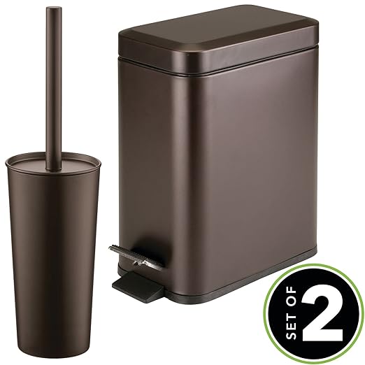 mDesign Metal Freestanding Slim Toilet Bowl Brush and Holder + Rectangle Narrow 5 Liter / 1.3 Gallon Step Pedal Trash Can Wastebasket for Bathroom - Small, Compact Design - Set of 2 - Bronze