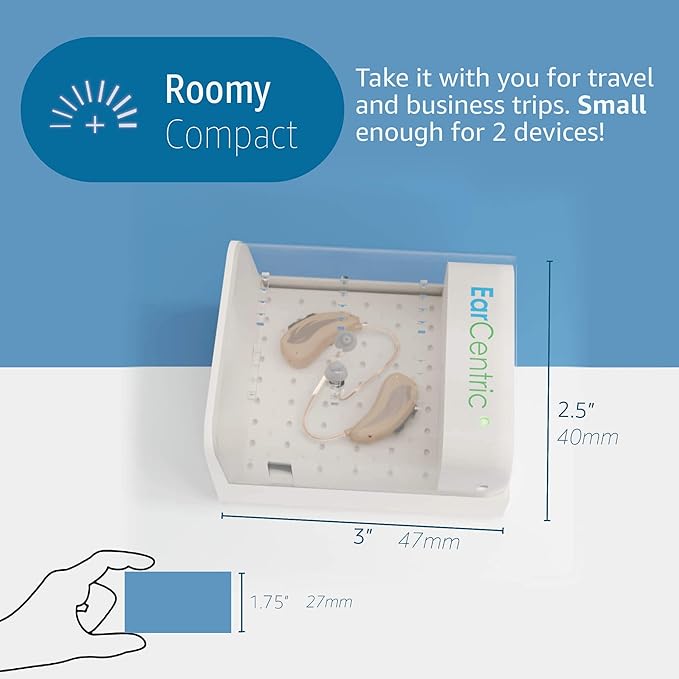 EarCentric RapidDry Automatic Hearing Aid Dryer, Dehumidifier Sanitizer | Removes Sweat & Moisture from Hearing Aids, Airpods, Wireless Earbuds, Ear Amplifiers Dessicator