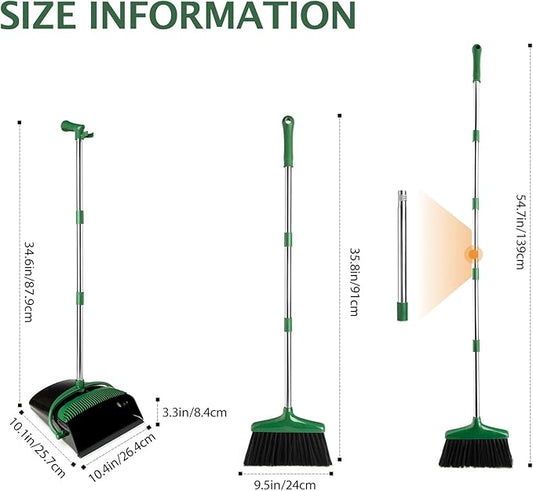 Broom and Dustpan Set with Long Handle, Light Weight Stainless Steel Poles Stand Upright Dustpans with Broom Combo for Home Kitchen Office Pet Dog Hair, 1-Pack(Black Green)