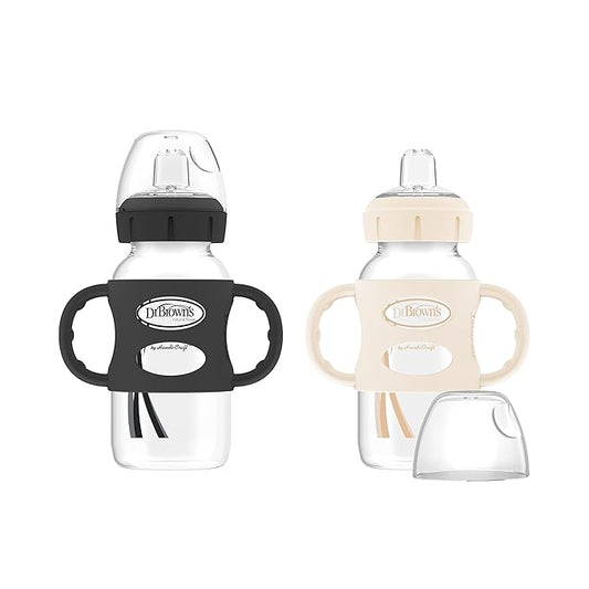 Dr. Brown's Milestones Sippy Spout Bottles, Wide-Neck & Narrow, 100% Silicone Handles, Easy-Grip, 9oz/270mL & 8oz/250mL, Black & Ecru, 2-Pack, 6m+