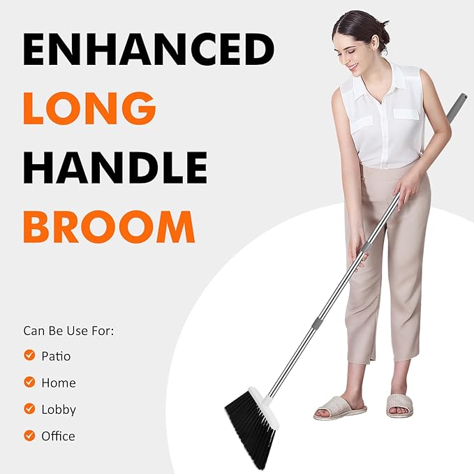 NACENA Heavy Duty Broom, 55 Inch Long Handle Outdoor Large Angle Brooms, Commercial Broom for Sweeping Indoor, for Home Garage Kitchen Office Courtyard Lobby Patio Lawn Concrete, 2 Pack (Grey&White)