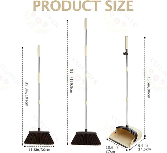 Broom and Dustpan Set with Long Handle, Heavy Dust Broom and Dustpan Combo for Home,Kitchen, Office, Pet Hair(Beige)