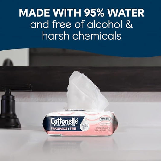 Cottonelle Fragrance Free Flushable Wet Wipes, Adult Wet Wipes, 2 Flip-Top Packs, 42 Wipes Per Pack