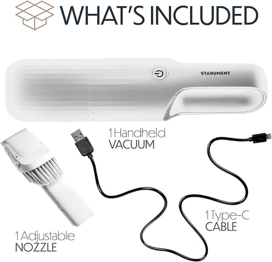 STARUMENT Portable Hand Vacuum Cleaner Handheld Cordless Cleaner for Dust Pet Hair Dirt, Home, Car Interior, Lightweight, Easy to Use, Compact Design Battery Rechargeable with USB-C Cable White