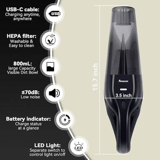 Portable Handheld Vacuum Cordless – 10,000Pa Suction Power, Lightweight 1.8 lbs, Washable HEPA Filter, LED Light, Quiet, 800ml Dustbin, Perfect for Home