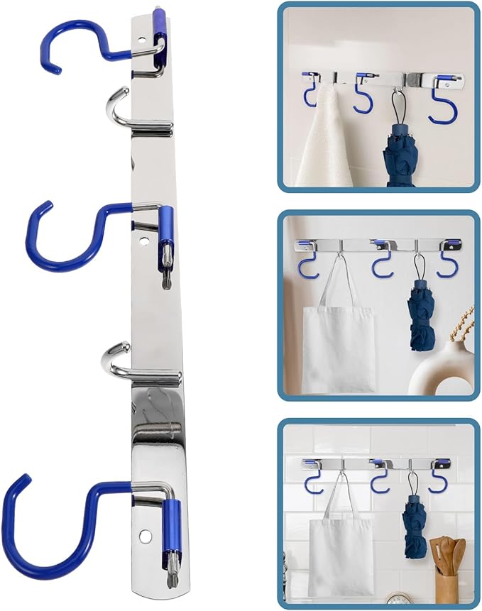 Stainless Steel Mop and Broom Holder Wall Mounted Storage Rack with 3 Mop Slots and 2 Multifunctional Hooks, Punch-Free Installation for Kitchen and Utility Room Organization