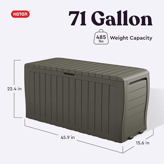 Keter Marvel Plus 71 Gallon Resin Outdoor Storage Box for Patio, Balcony & Garden – Weather‑Resistant Deck Box for Cushions, Pillows, Pool Floats & Tools, Mossy Brown