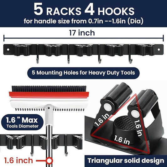 Piyl Mop and Broom Holder Wall Mount - 5 Racks and 4 Hooks Broom Hanger Mop Organizer Storage Tool Racks Stainless Steel Heavy Duty Utility Hooks for Home Kitchen Garden Laundry Garage Closet