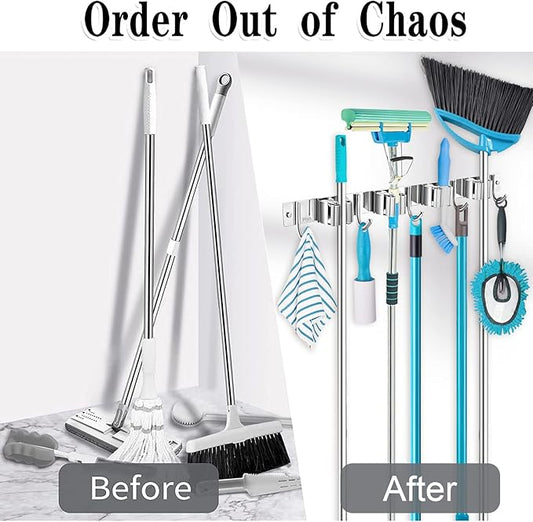 Piyl Broom Mop Holder Wall Mount Broom Hanger Wall Mounted Metal Organization Garage Storage Garden Kitchen Tool Organizer With 4 Racks and 5 Hooks (Silver, 1 Pack 4R5H)