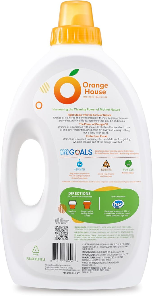 Orange House Liquid Laundry Detergent, Free and Clear, Natural Clean Laundry Detergent, Made of Orange Oil, Hypoallergenic Liquid Detergent No Harmful Chemical, 135.3 Fl Oz, HE & Standard Machine