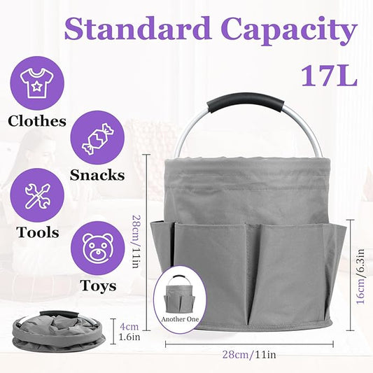 2Pcs Cleaning Caddy with Handle and 6 Pockets, 17L Foldable Cleaning Tote Bag, Portable Shower Caddy in 600D Oxford Fabric, Multifunctional Storage Basket for Camping, Garden, Dark Gray