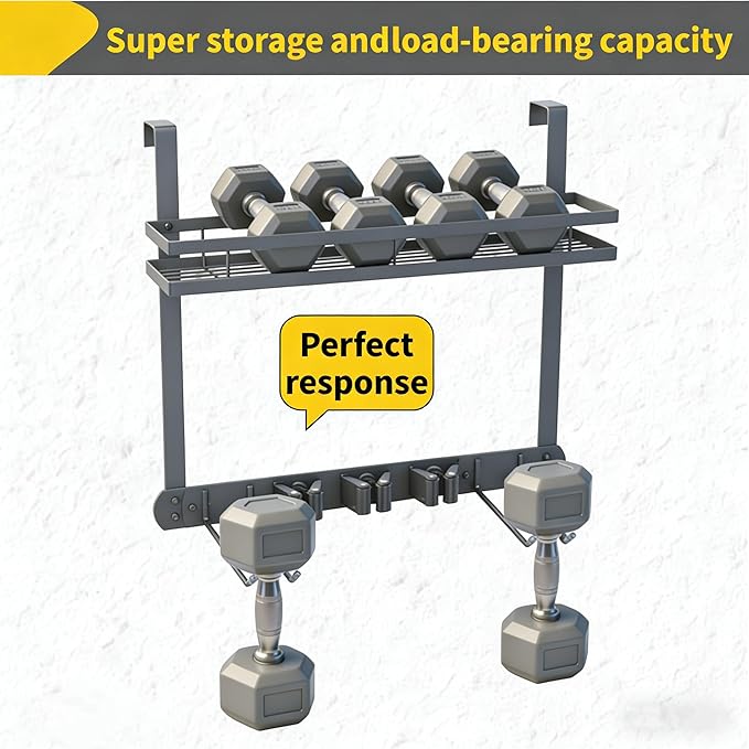 Broom Holder Door Mount,Door Mounted Broom and Mop Holder with Dual Tool Hooks, Three Slots, and One Tool Storage Basket For Laundry Room, Garage, Closet, warehouse, Kitchen Decor (gray)