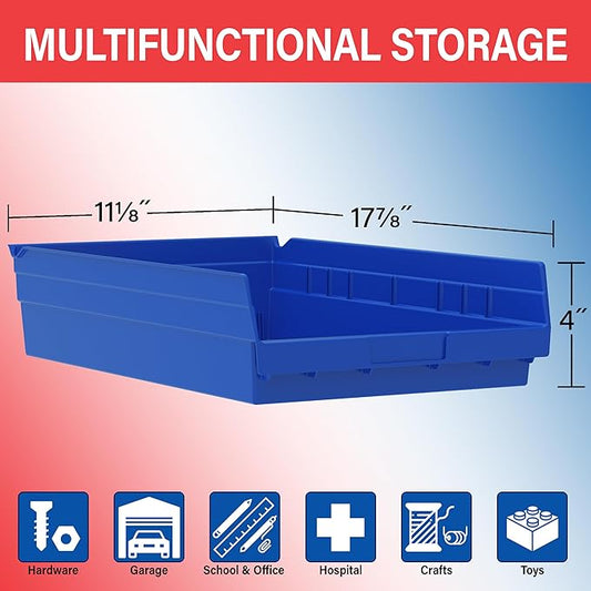 Akro-Mils 30178 Plastic Shelf Bins, Heavy Duty Storage Bins for Garage, Closet, and Drawer Organization, 18-Inch x 11-Inch x 4-Inch, Red, 12-Pack