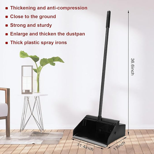 Leumoi 20 Pcs Dust Pans with Long Handle Set 36.6 Inch Commercial Dust Pan with Comb Large Plastic Stand up DustPans for Outdoor Indoor Restaurant Home Office Floor Cleaning (Black)