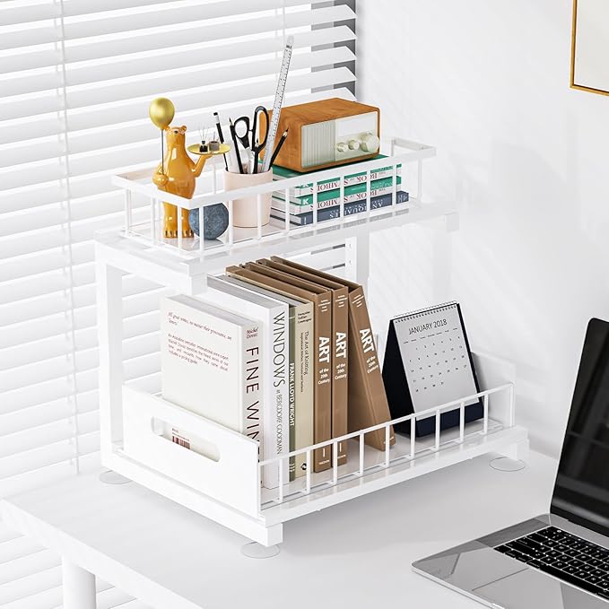 2 Pack Under Sink Organizer, Heavy Duty Metal Slide Out Sink Shelf Organizer Height Adjustable, Multi-Purpose Storage Shelf for Kitchen Bathroom (White,2Pack)