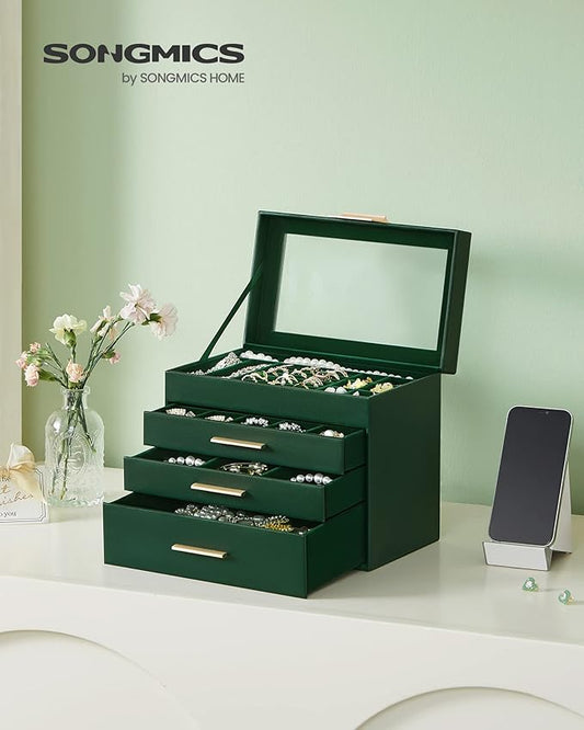 SONGMICS GISELLA Collection - Jewelry Box Organizer, 4-Layer Jewelry Storage with 3 Drawers, Shiny Metal Hardware, Glass Lid, Modern, 6 x 9.9 x 8.5 Inches, Forest Green and Gold Color UJBC161G01