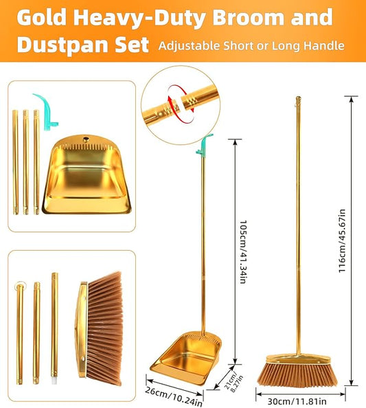 Gold Stainless Steel Broom and Dustpan Set, 2-Piece Long Handle Standing Pan with Comb Teeth, Heavy Duty Windproof Upright Design for Home, Kitchen, Indoor Outdoor Use