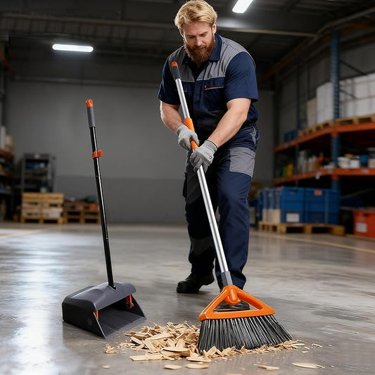 Heavy Duty Broom with Dustpan Combo Set Indoor and Outdoor Dual Purpose,Stiff Bristle Commercial Angle Broom and Standing Dust Pans with Long Handle for Sweeping Home,Kitchen,Yard,Grey