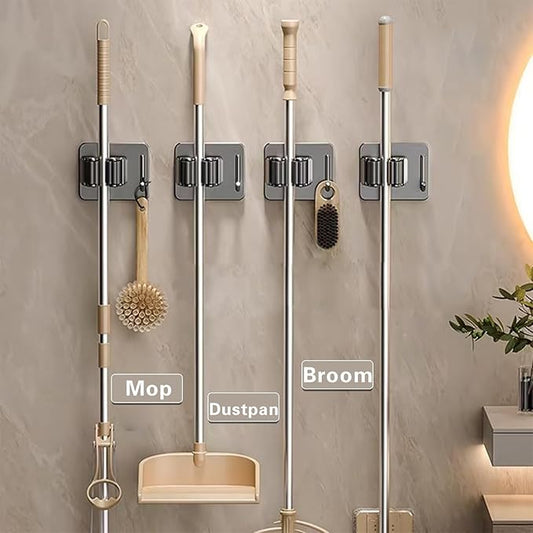 Mop Broom Holder-Self Adhesive Stainless Steel Broom Hanger Organizer for Bathroom, Kitchen, Office,Utility Room,Laundry Room,Home Garden, Garage Storage and Organization Rack(Silver gray-4Psc)