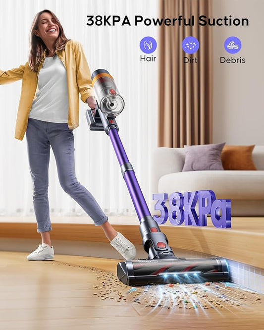 38Kpa Cordless Vacuum Cleaner, 450W Cordless Vacuum Cleaner, Up to 55 Mins Runtime, with 1.5L Dust Cup&LED Display, Purple
