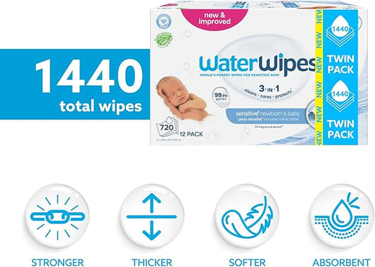 WaterWipes Sensitive+ Newborn & Baby Wipes, 3-In-1 Cleans, Cares, Protects, 99.9% Water, Unscented & Hypoallergenic, 1440 Count (24 Packs)