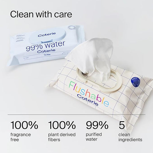 Coterie Baby Wipes & Flushable Toddler Wipes Set | 4 Packs Baby Wipes (224ct) + 4 Packs Flushable Toddler Wipes (224ct) | Hypoallergenic, Safe for Sensitive Skin, 99% Water, Plant-Based, Eczema Safe