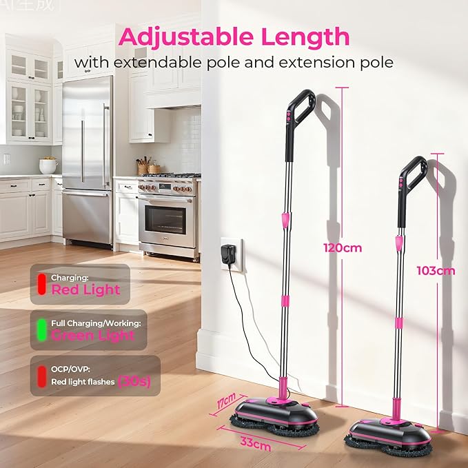 ScrubWiz Cordless Electric Spin Mop with Water Sprayer, Floor Cleaner for Hardwood & Tile, Quiet Cleaning, Adjustable Handle, 2500mAh Long-Lasting Battery, 300ml Tank
