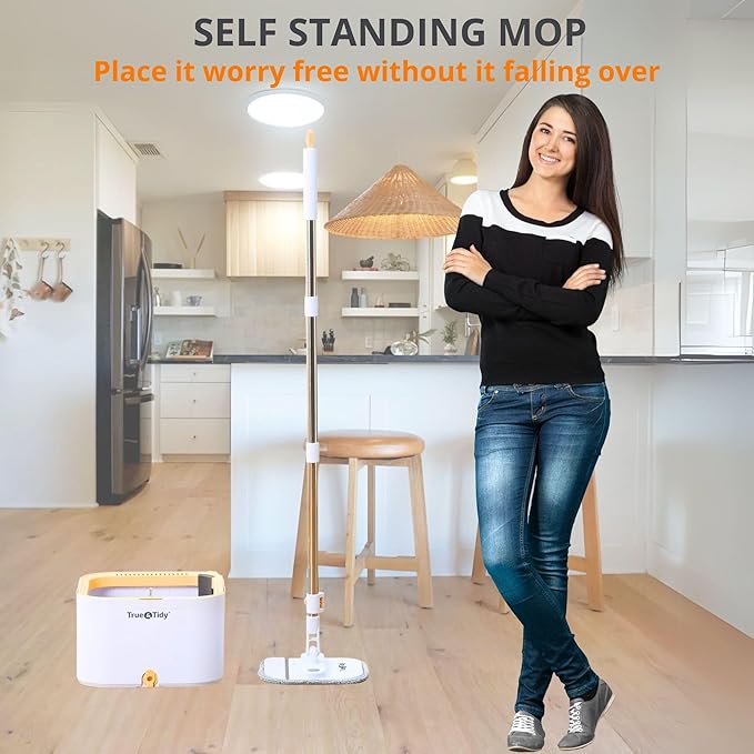 True & Tidy® TrueClean Spin Mop 2.0 w/Detachable Inner Bucket, Self Standing, Separates Clean and Dirty Water, Foldable Square Mop Head, Triple Jet Stream w/Hidden Brush, Replaceable 2pc Pads