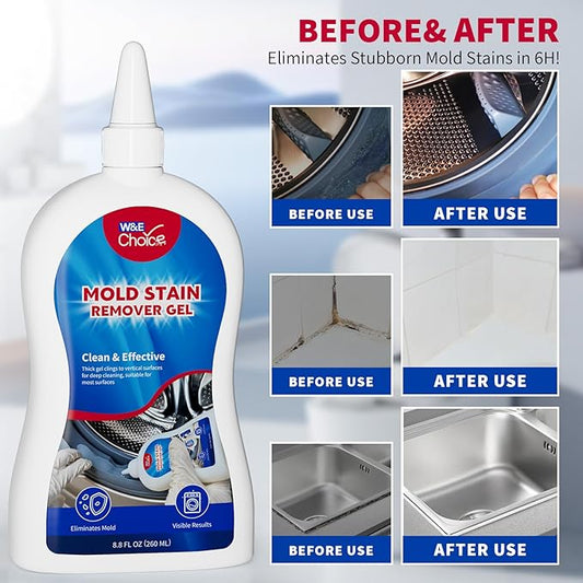 W&E Choice Mold Stain Remover Gel Cleaner for Shower, Bathroom Tile Grout and Caulk - Heavy Duty Mildew Stain Cleaner for Front Load Washing Machine Rubber Seal - No Scrubbing Gel Formula, 8.8 Fl Oz
