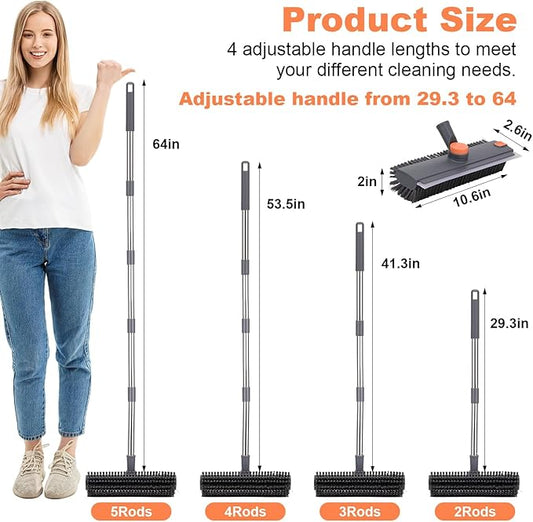 Floor Scrub Brush with 64" Long Handle - 360° Swivel Heads Household Push Brush with Squeegee and Right Angled Bristle for Cleaning Concrete Floors Grout Gardens Patio Deck Concrete Garage Heavy Duty