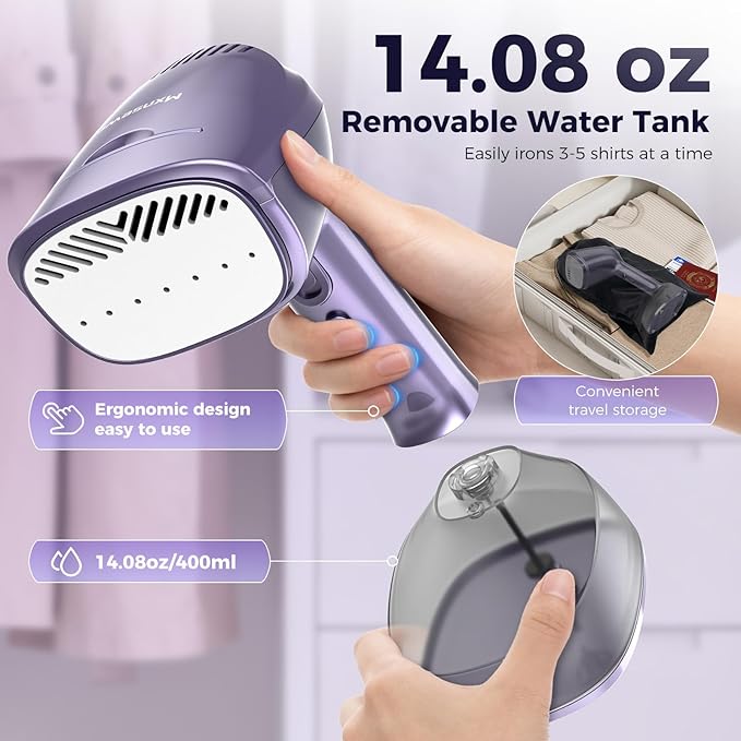 Vacuum Steamer for Clothes, Handheld Travel Garment Steamer with 3500Pa Suction and 400ml Big Capacity, 2-in-1 Steamer & Iron with Large Ceramic Heat Panel, 110v-120v