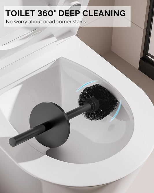 Toilet Brush and Holder Set, Stainless Steel Toilet Bowl Brush with Lid, Rust Proof Toilet Cleaner Brush with Caddy, Durable Bristles, Splash Proof, Ideal for Bathroom(1 Pack, Matte Black)
