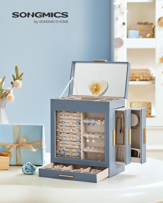 SONGMICS Jewelry Box with Glass Window, 5-Layer Jewelry Organizer with 3 Side Drawers, Jewelry Storage, with Big Mirror, Modern, 6.1 x 10.3 x 12.6 Inches, Smoky Blue and Metallic Gold UJBC162Q01