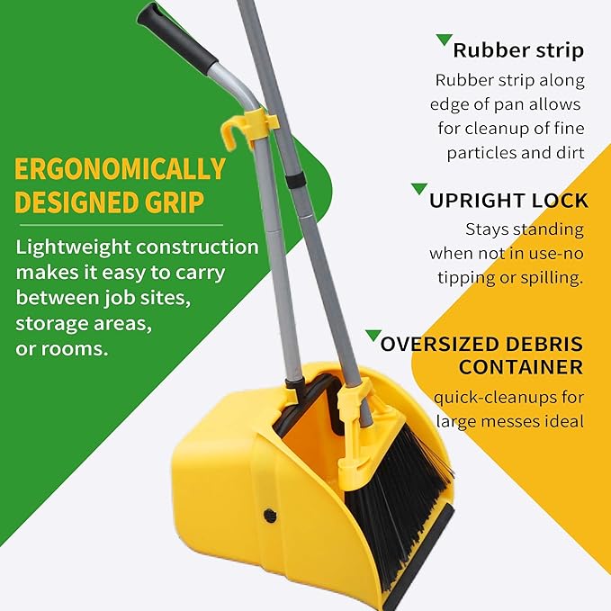 Commercial Broom and Dustpan Set Debris Dustpan with Handle,Jumbo Debris Pan, Trash Collection for Industrial/Professional Cleaning,2Sets, Yellow,Extra Big Size