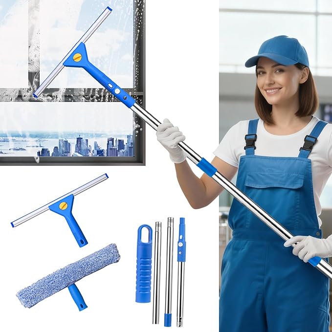 Professional Window Cleaning kit, 2-in-1 Window Squeegee with 51" Extension Poles, Suitable for Indoor & Outdoor Windows, High Glass, High Windows, Multi-Purpose Car Windshield Cleaning