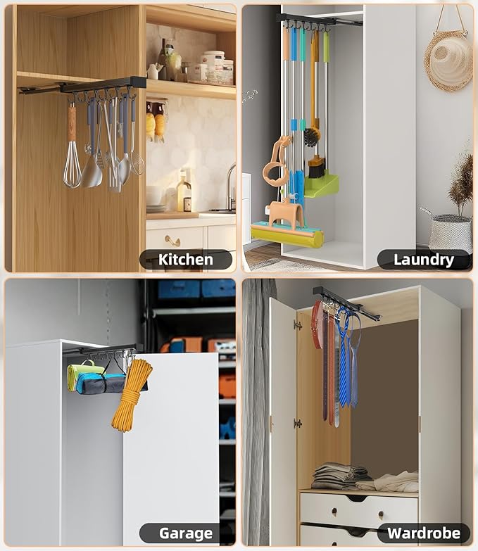 Pull Out Broom Holder With Adjustable Double Row Sliding Hook, Multifunctional Slide Broom And Mop Storage/Organizer Garage Organization Hooks, for Closet Laundry Garage - 36cm/14.17in