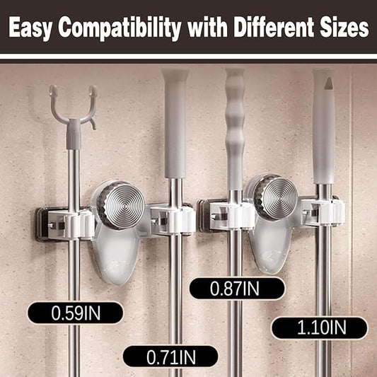 6 Pack Broom Holder Wall Mount Mop Hanger, No Drill Suction Cup Mop Broom Organizer with Hooks, Space Saving Rack Removable Mop Clip for Kitchen, Garage, Bathroom, Laundry Room