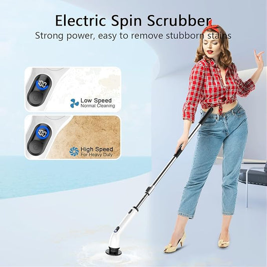 TUYU Electric Spin Scrubber, Full-Body IPX7 Waterproof Bathroom Scrubber with Power LCD Display, 8 Replacement Head, Adjustable Extension Handle, Cordless Shower Cleaner Brush for Bathtub Cleaning