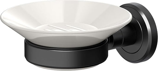 Gatco 1940MX Latitude II, Soap Dish Holder, Matte Black and White Combo | Wall Mounted Porcelain Soap Dish with Holder in Matte Black| 2.10" H x 4.31" W x 5.25" D