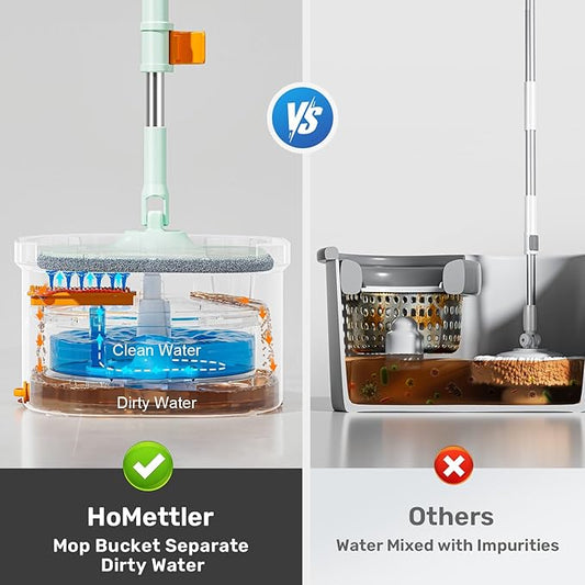 Mop and Bucket Set | Spin Mop with Dual-Tank Clean/Dirty Water Separation | 4 Microfiber Pads for Deep-Cleaning Floors | Versatile Mops Triangular Head for Walls